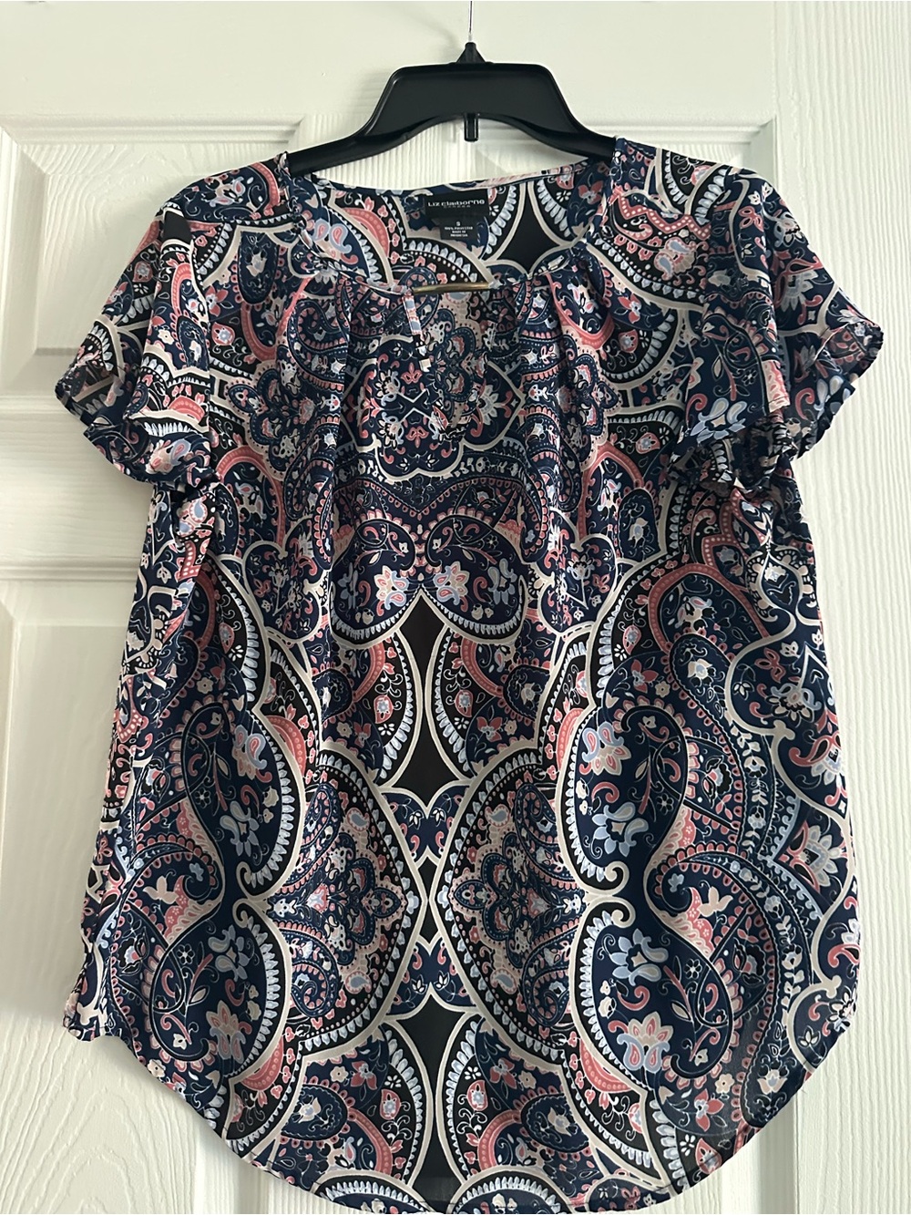 Ladies Navy Paisley Short-Sleeve Top - Pink & White Accents